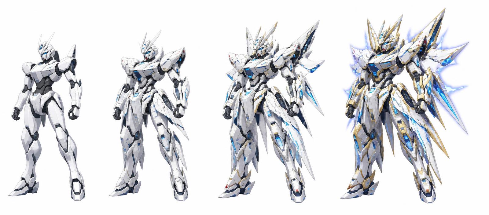 PX-01 evolving through four levels of armor and capability